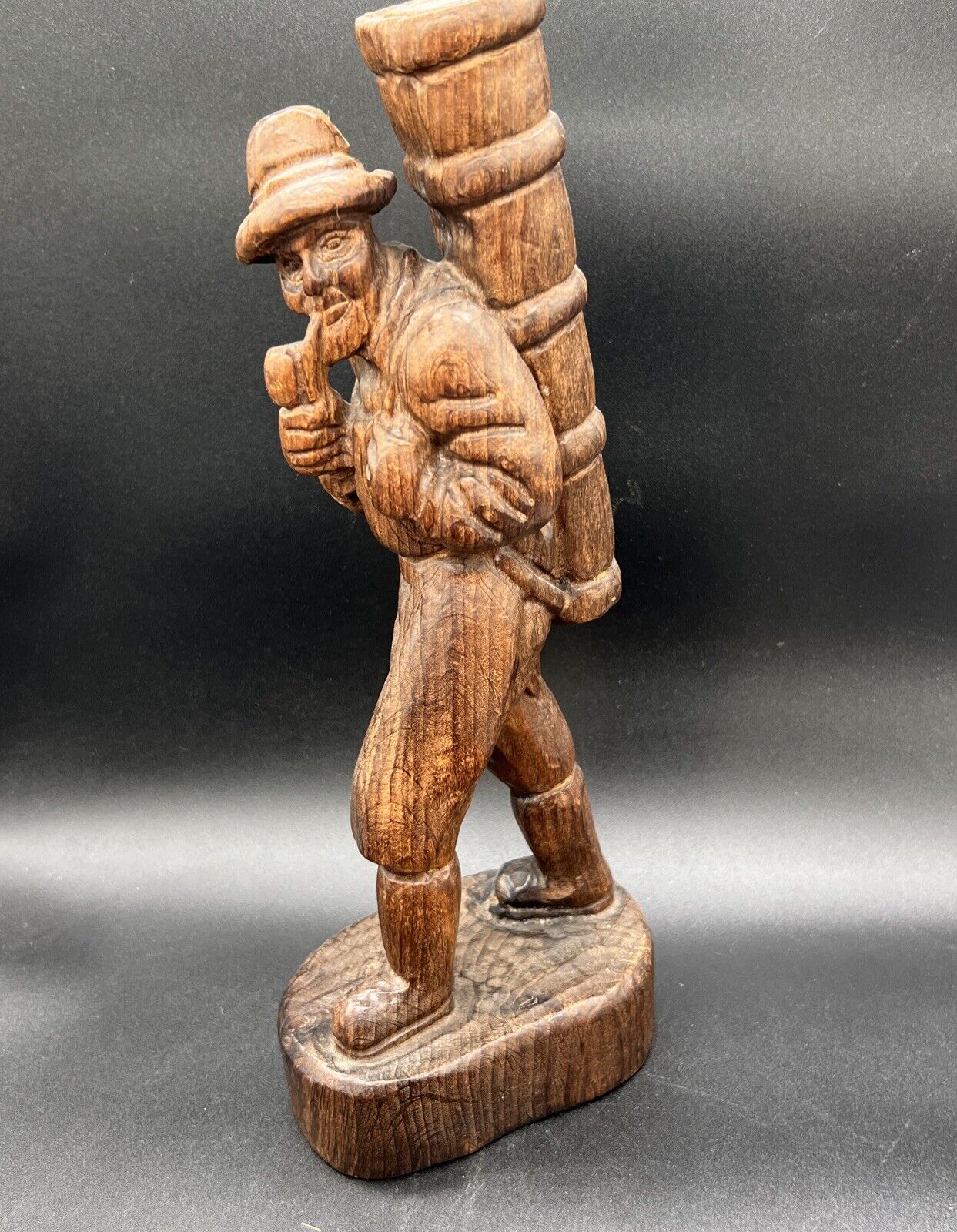 Vintage German Carved Wood Bavaria Man with Wine Butte Basket & Pipe Hiker
