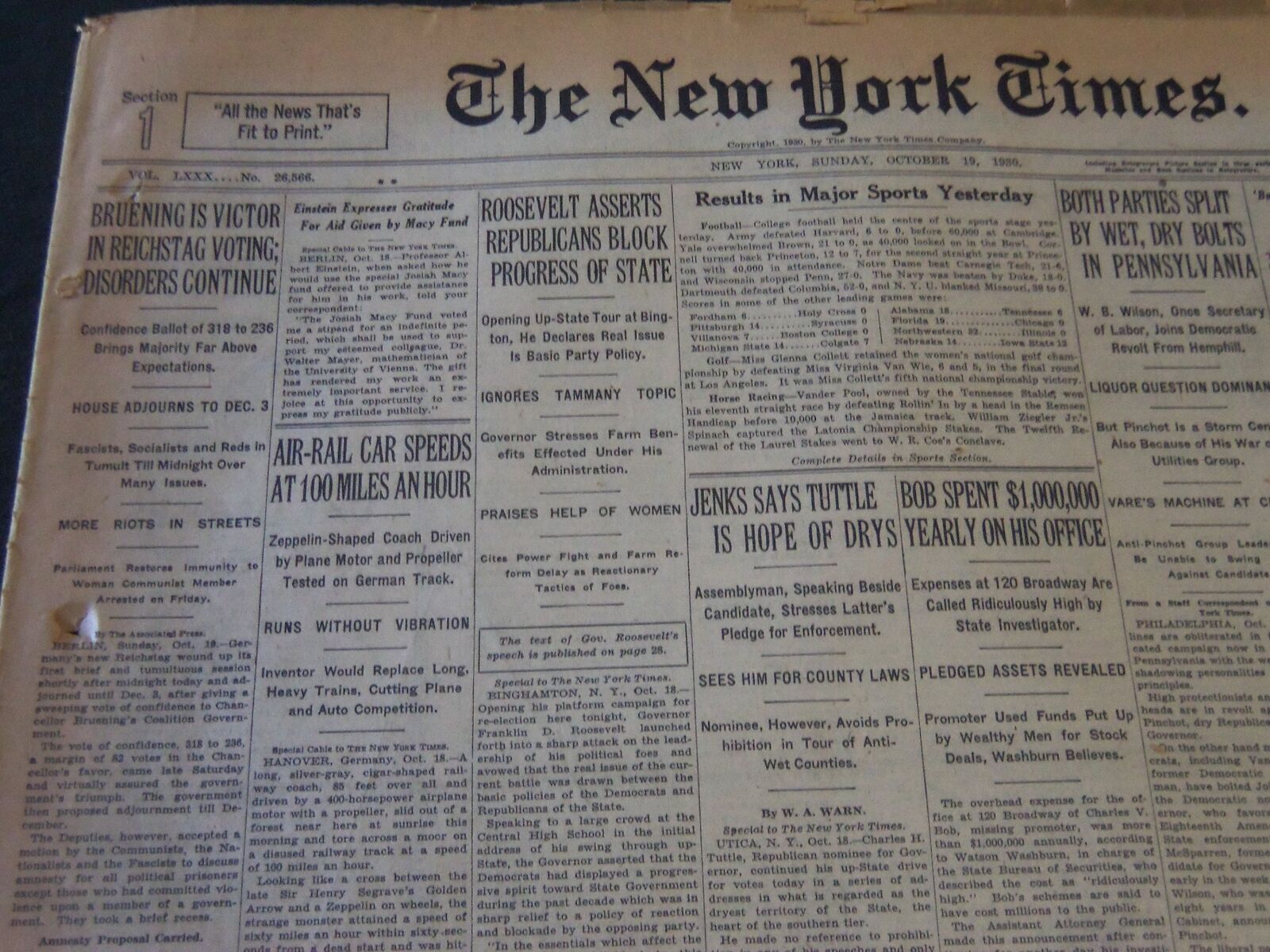 1930 OCTOBER 19 NEW YORK TIMES - BRUENING IS VICTOR IN REICHSTAG VOTING- NT 5746
