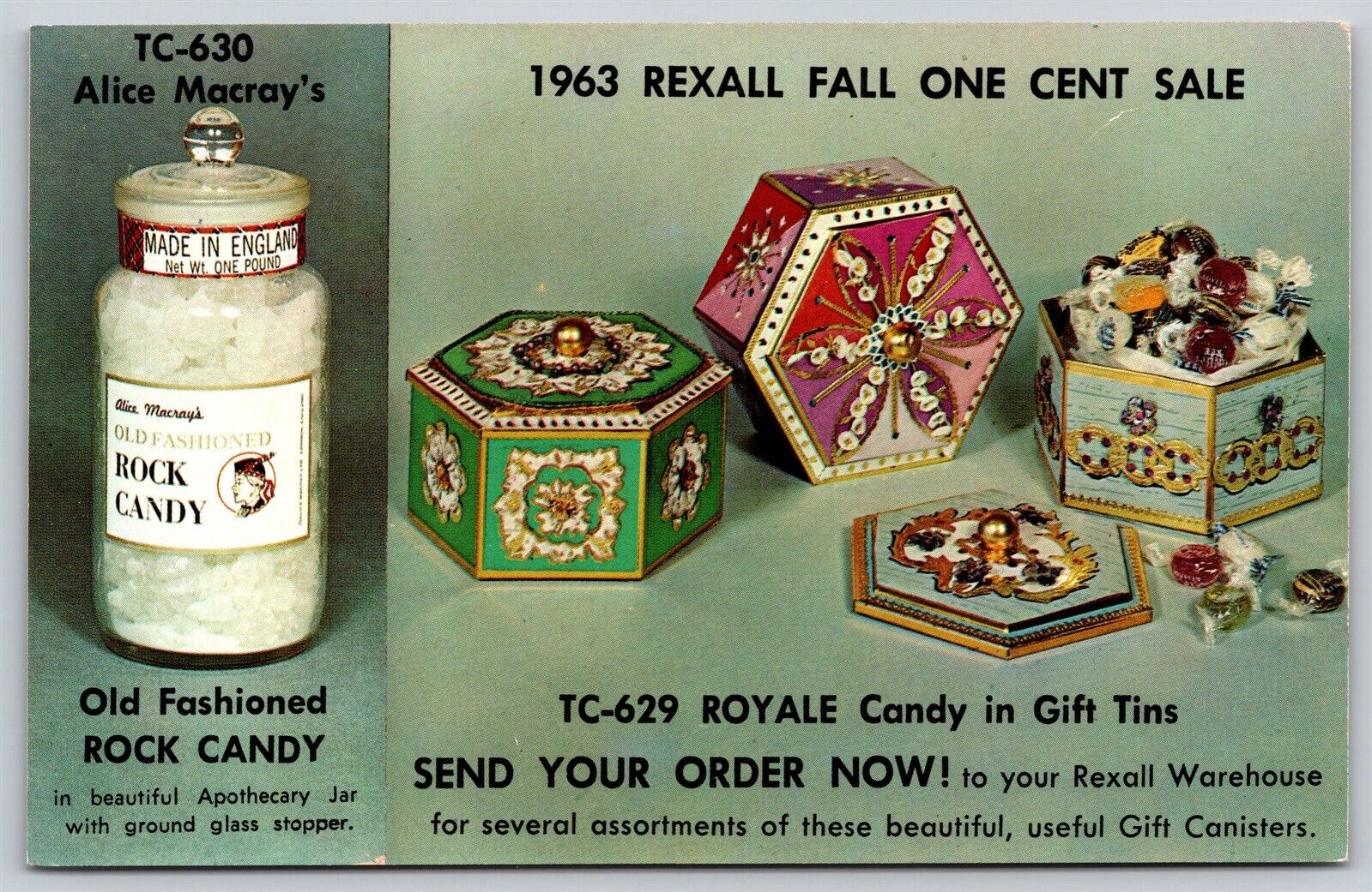 Postcard 1963 Rexall Warehouse Ad Alice Macray\'s Rock Candy Gift Tins Prices B56