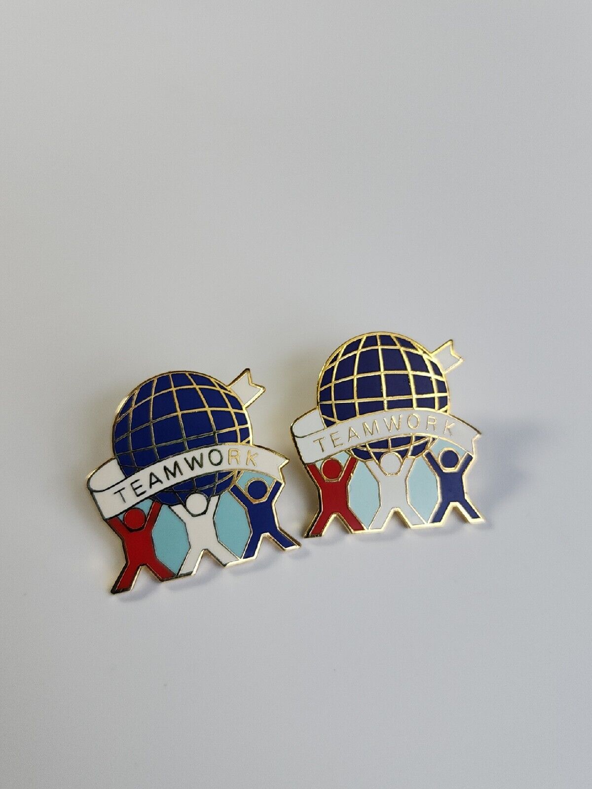 Teamwork Lapel Pin Lot Of 2 Red White & Blue People Holding Globe