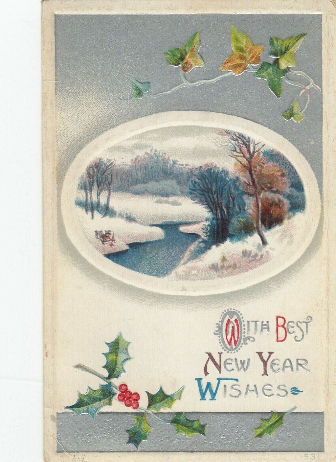 Vintage New Year  Postcard  NEW YEAR WISHES OVAL WINTER SCENE  POSTED