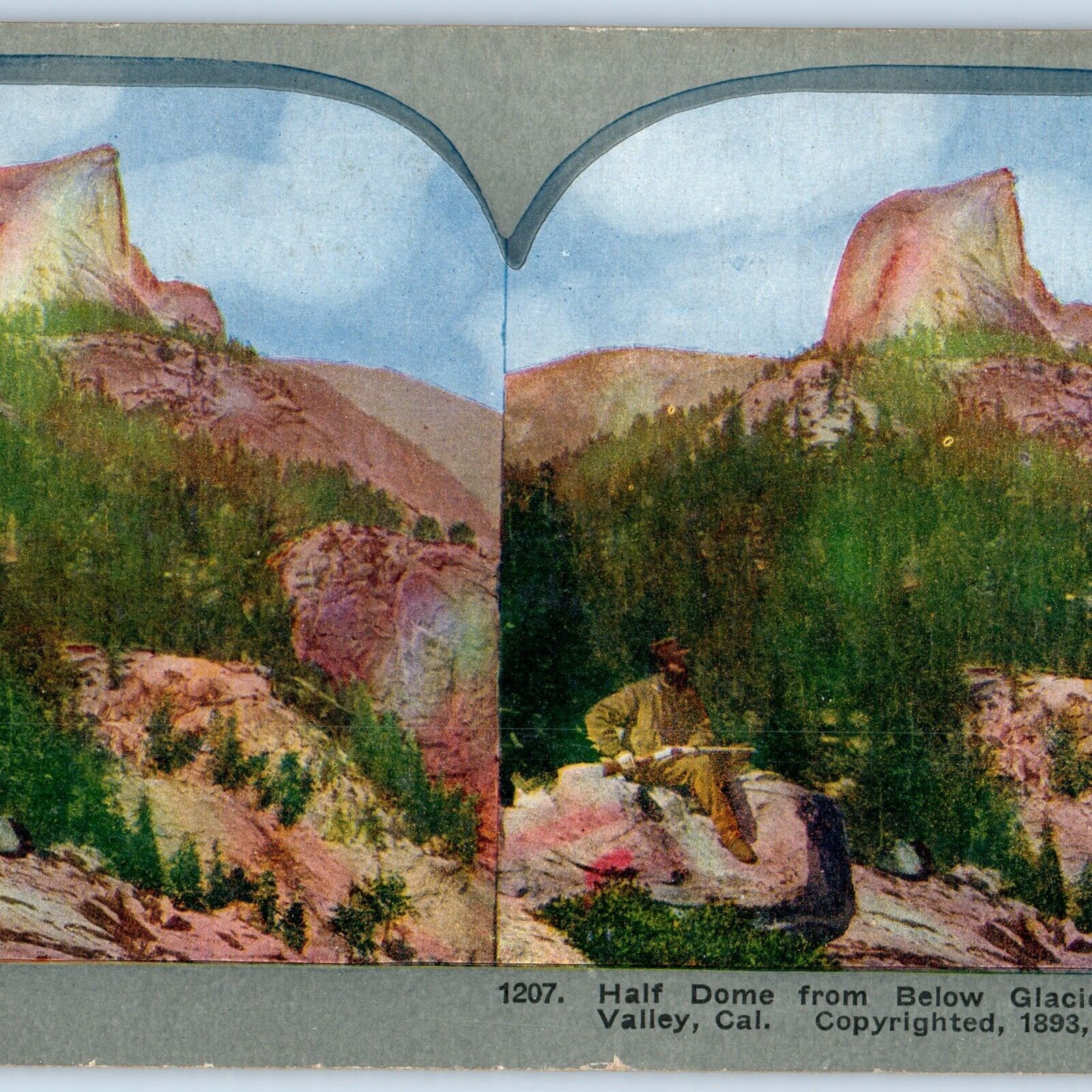 c1900s Yosemite Valley, CA Dome Glacier Point Man Gun Litho Photo Stereo Card V7