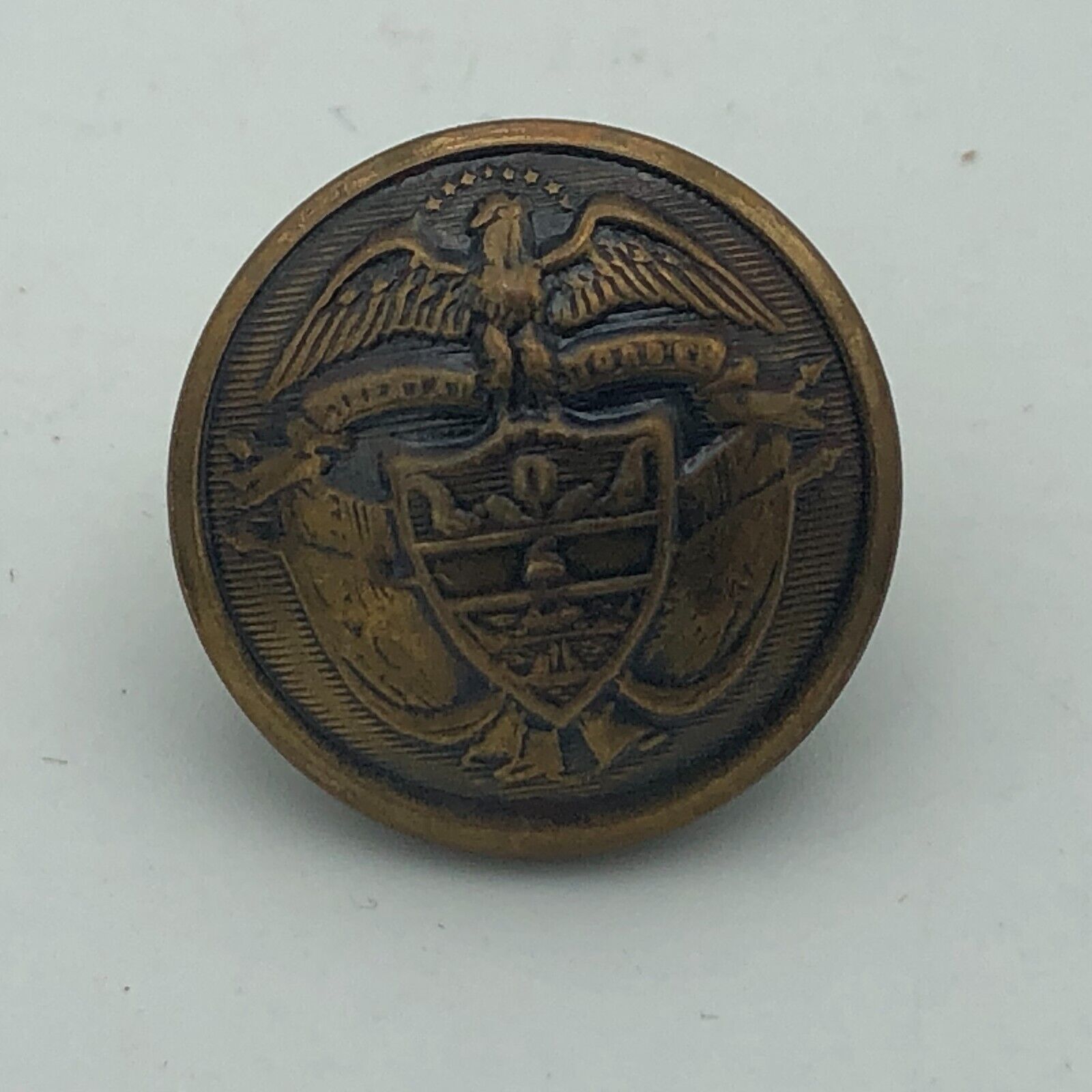 Columbian Army Uniform Button Eagle Shield Stars Brass Tone Scarce Vtg Antique