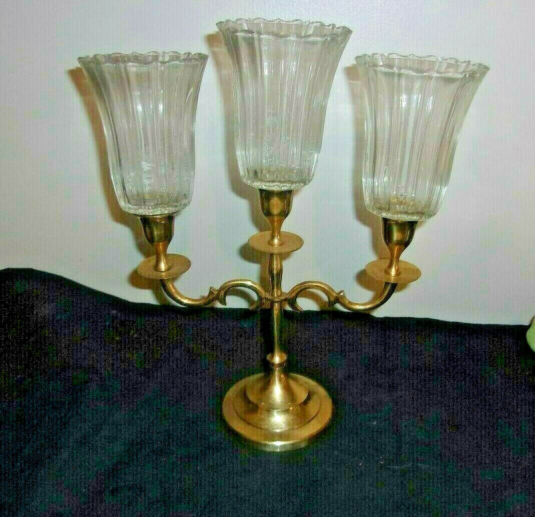ANTIQUE Brass Candelabra Three Candle Holders With  Glass Shades BEAUTIFUL