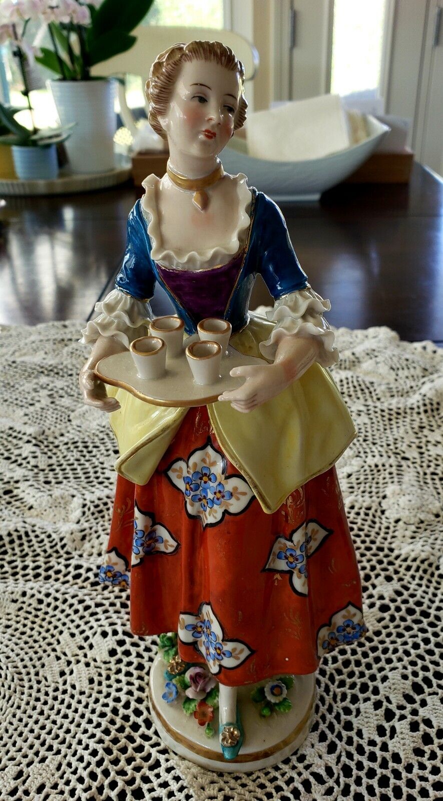 Antique German Sitzendorf Porcelain figurine - Young woman with Chocolate cups.