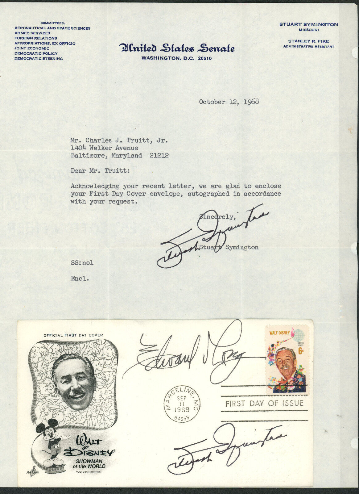1968 USS Senator Edward Long & Stuart Symington of Missouri Signature Autograph
