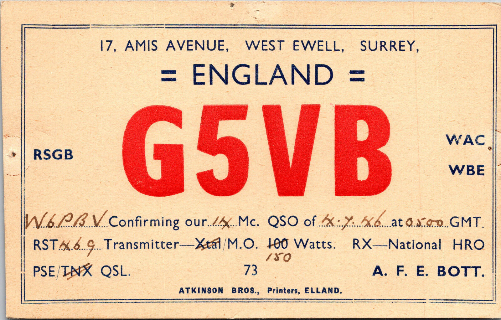 1946 G5VB West Ewell Surrey England Ham Radio Amateur QSL Card Postcard Vtg