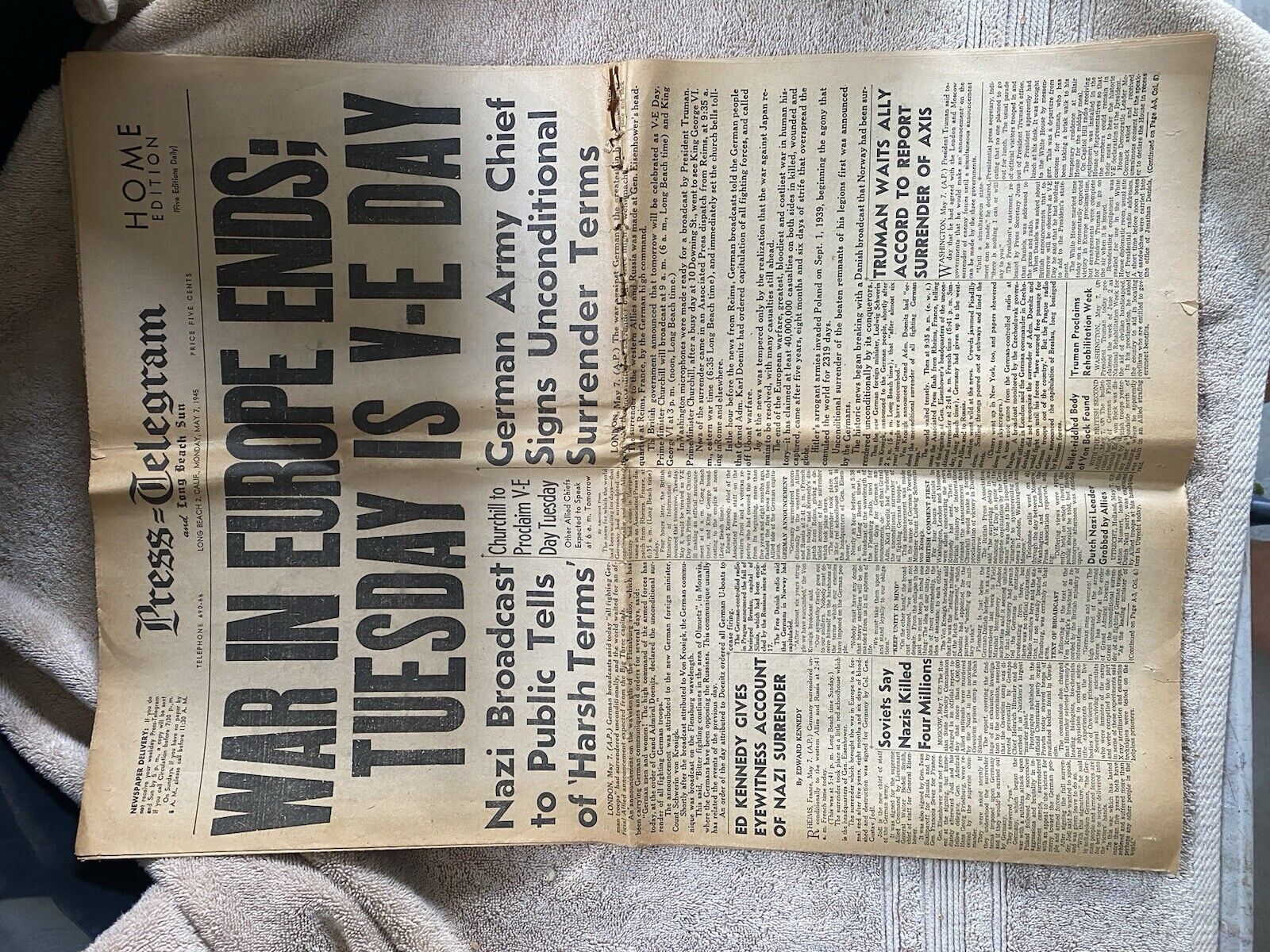 May 7th, 1945 LONG BEACH PRESS TELEGRAM NEWSPAPER WW2