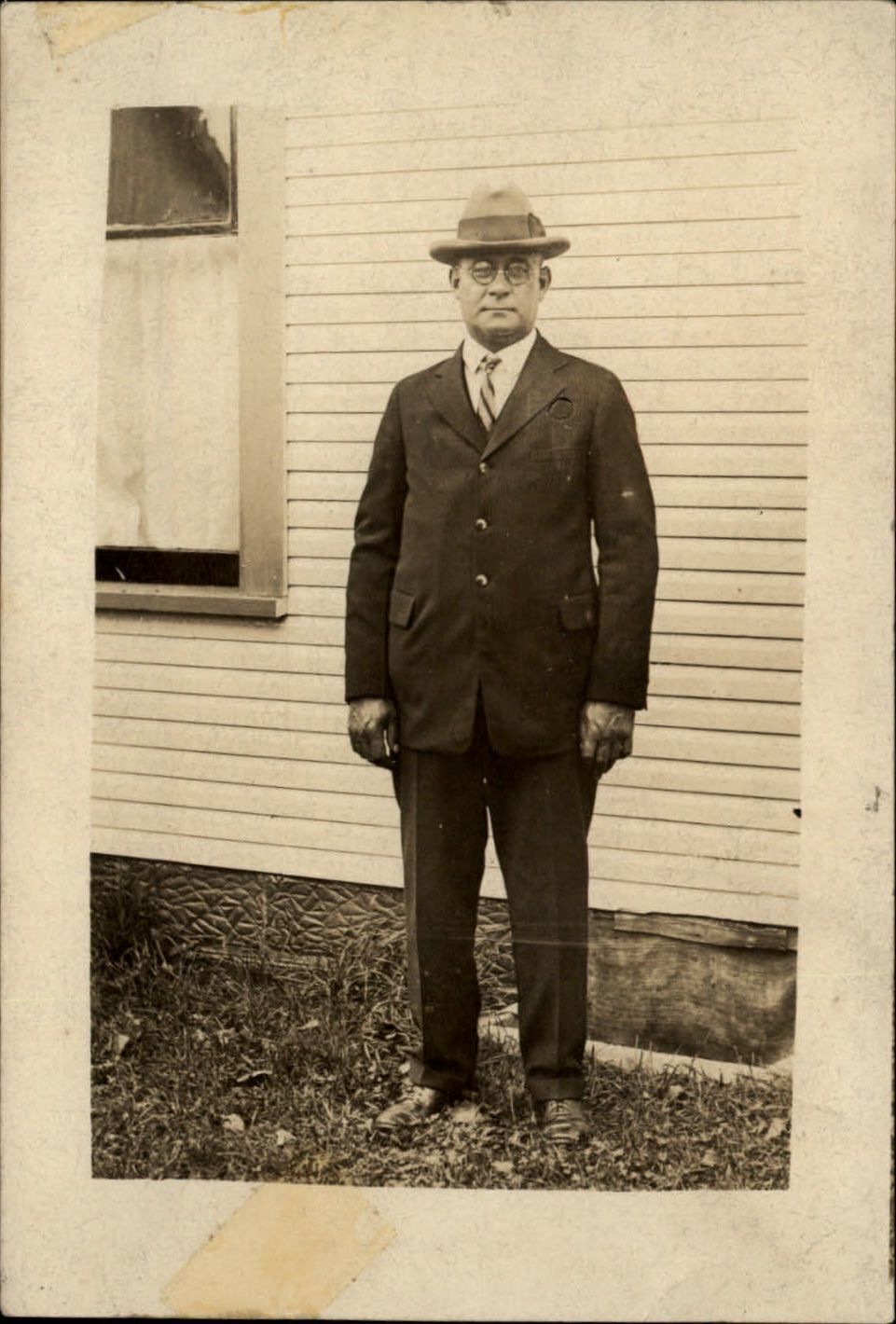 RPPC Man suit hat glasses by house ~ 1918-30s real photo postcard sku953