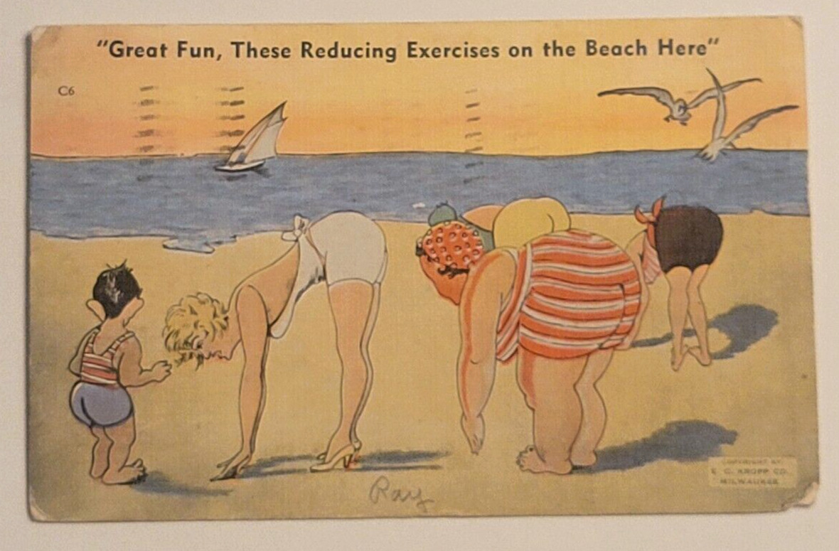 Great Fun Beach Exercises Postcard Linen Stamped 1941 C6 EC Kropp Co. Milwaukee