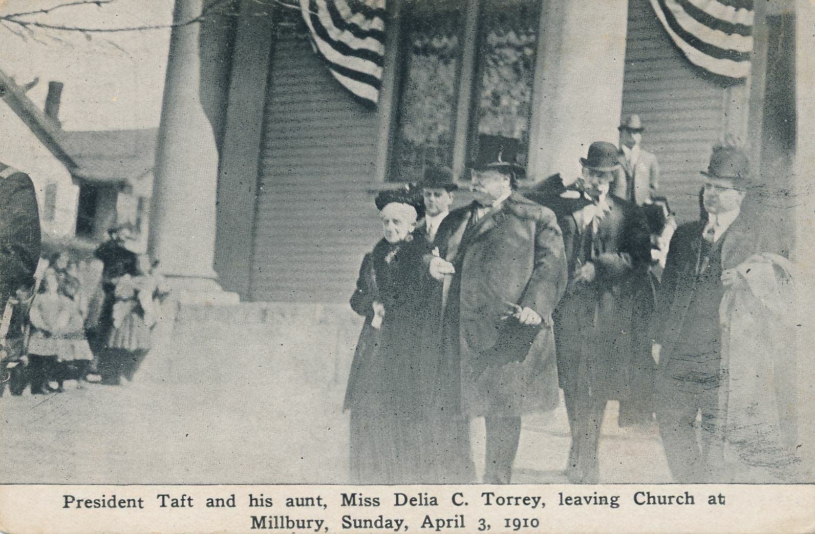 President Taft and His Aunt Delia Torrey Leaving Church 1910 with Flags Draped