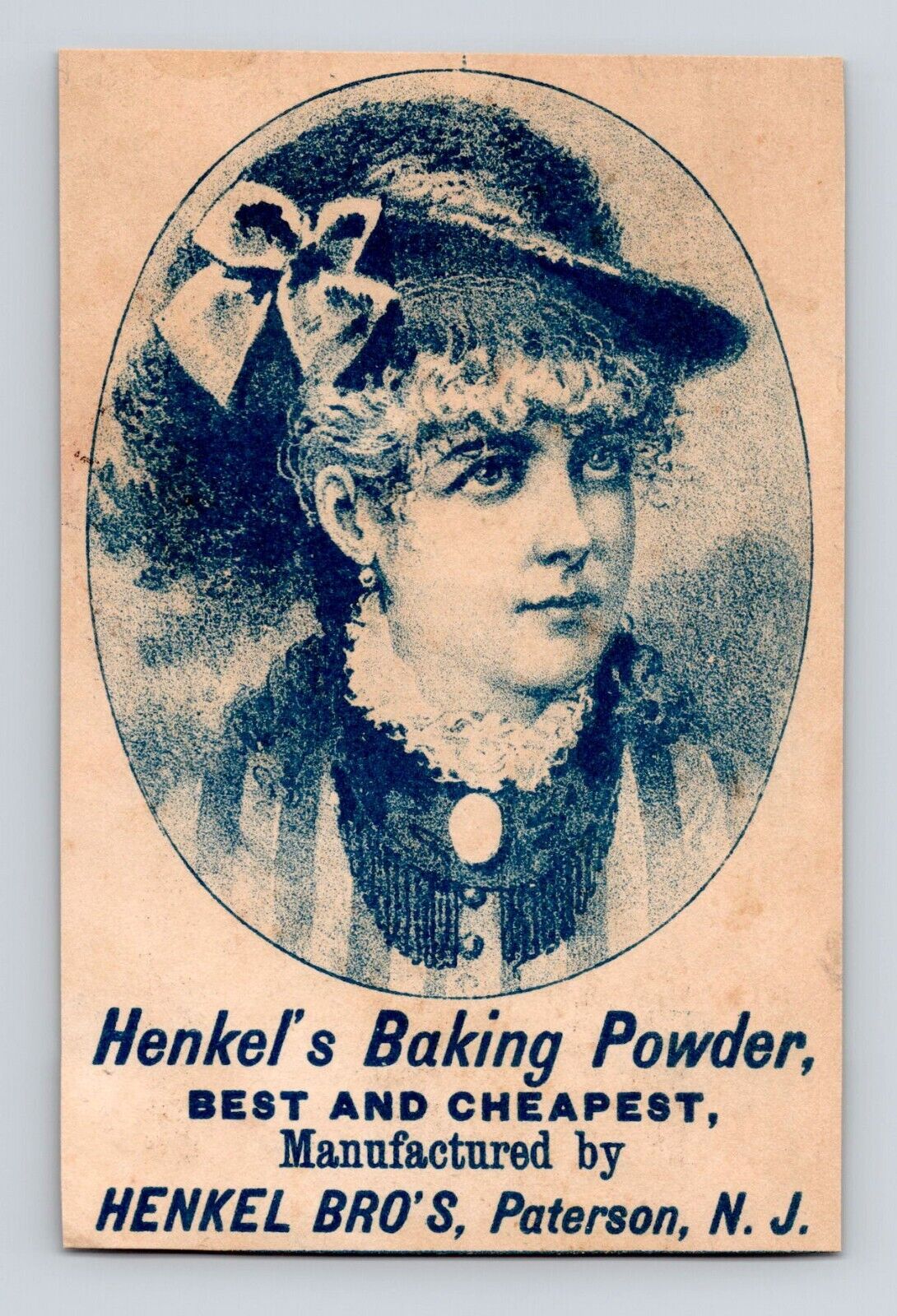 Vic. Trade Card Henkel\'s Baking Powder Geo Wells Salem MA Woman Hat Fashion