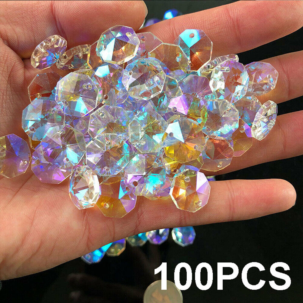 100x AB Octagonal Bead Rainbow Crystal Chandelier Suncatcher Prism Part Pendant