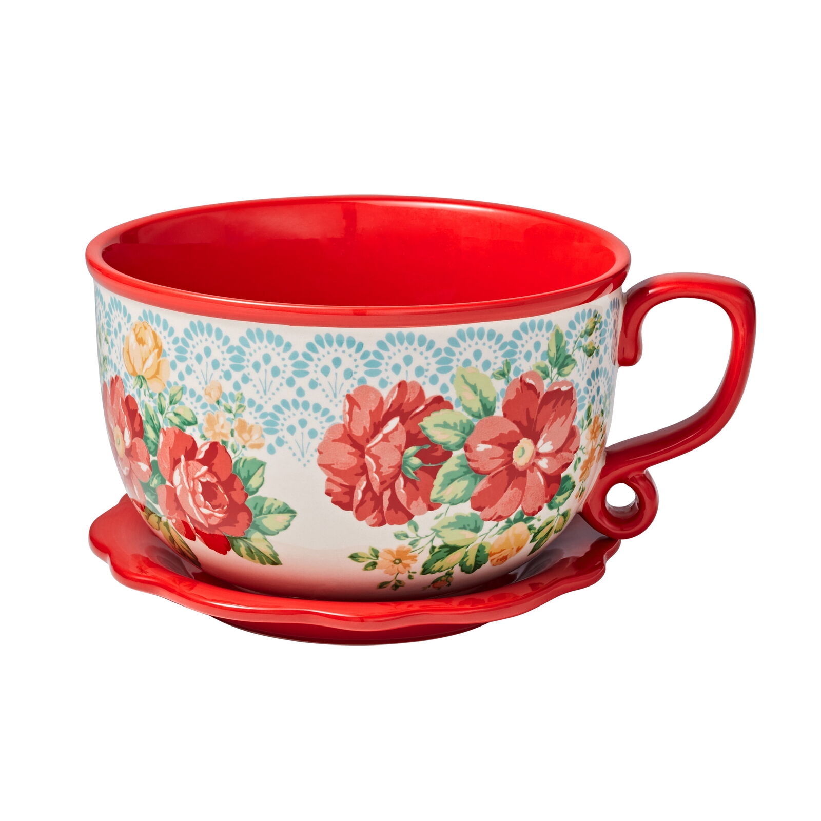 Vintage Floral 8-Inch Tea Cup Ceramic Planter, Red