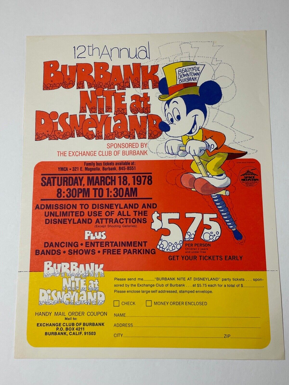 1978 Disneyland Burbank Night Special Event Flyer vintage