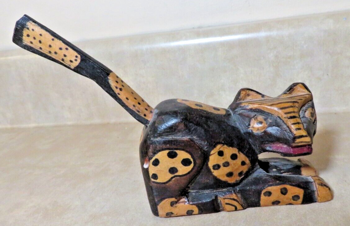 Vintage Small Hand Carved Wooden Crouching Cat Sculpture Folk Art Rustic