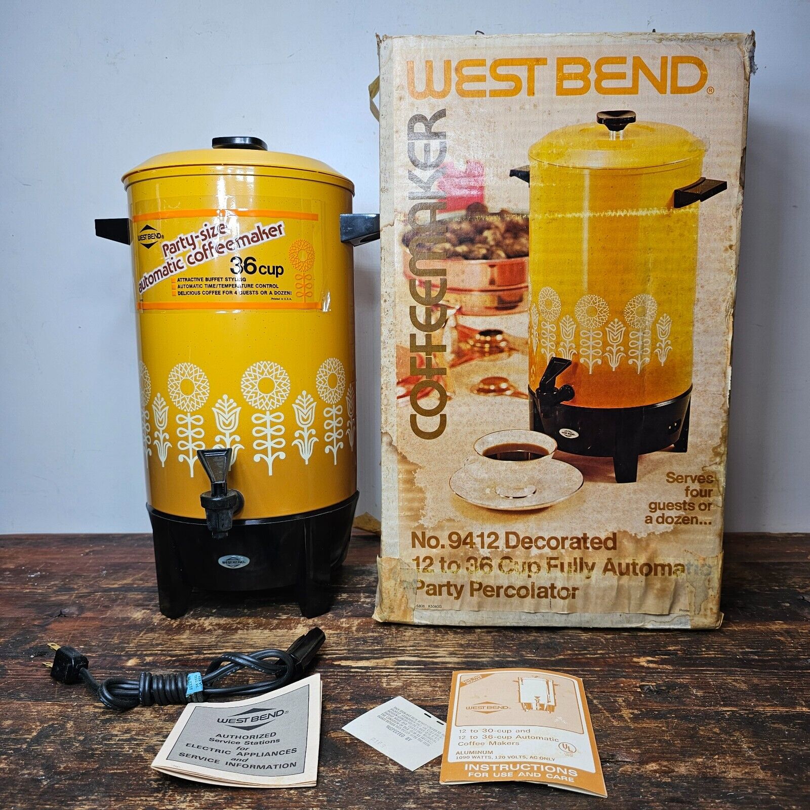 1970s West Bend 36 Cups Coffee Maker Yellow With Retro White Flower Design NOS