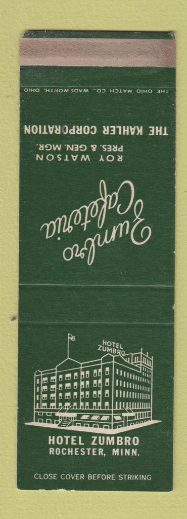 Matchbook Cover - Hotel Zumbro Rochester MN Cafeteria SAMPLE