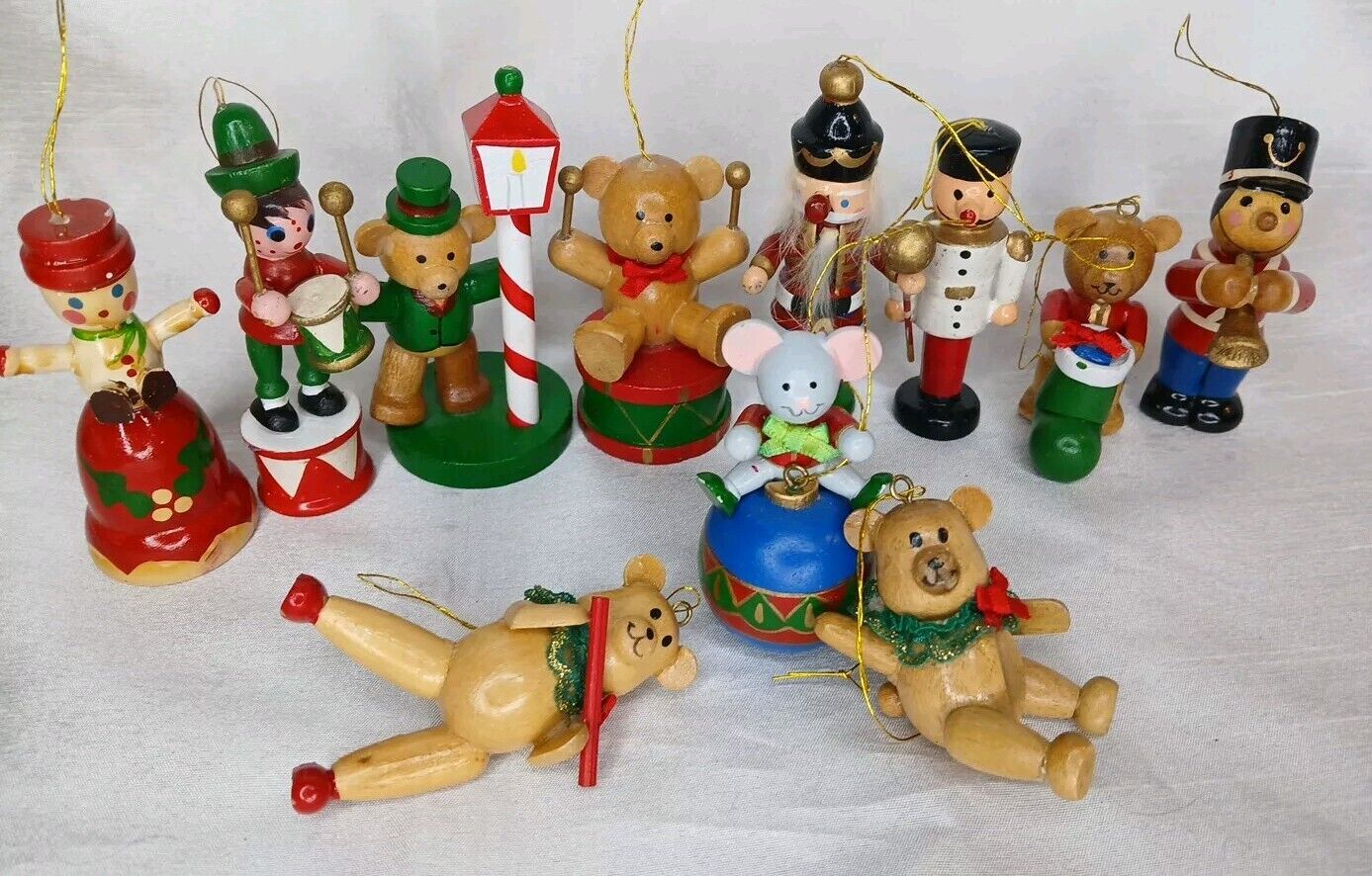 Lot Of 11 Vintage Christmas Ornaments Wooden Bears Soldiers Mouse Holidays MCM