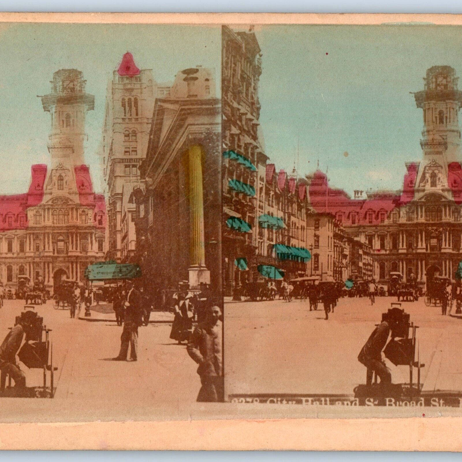 c1880s Philadelphia, PA City Hall Broad St Stereoview Hand Colored Photo V28