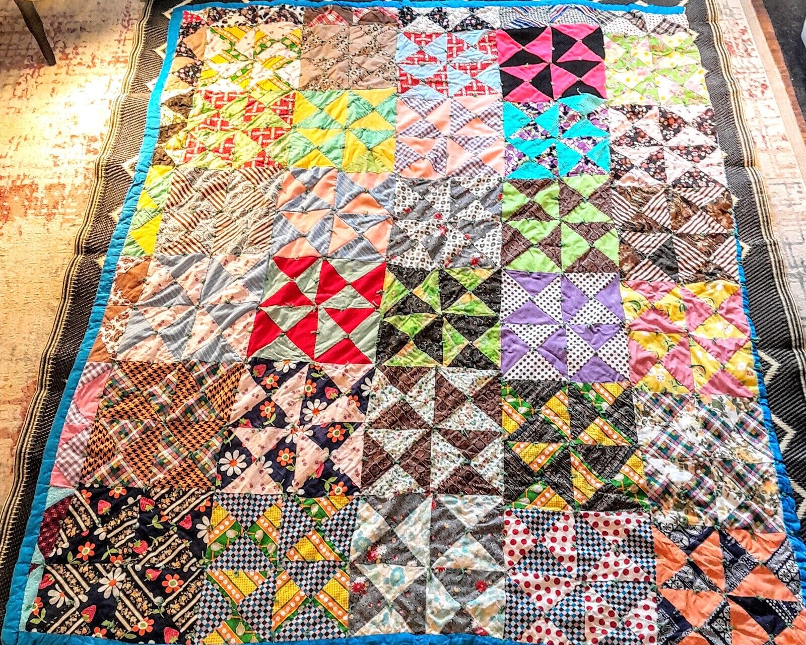 VINTAGE HAND STITCHED COLORFUL SQUARE QUILT HAND PIECED  PATCHWORK 65x75