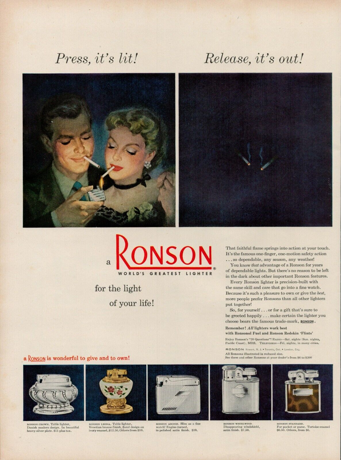1950 Cigarette Lighter Ronson Vintage Print Ad 50s Tobacco Light Flame Crown