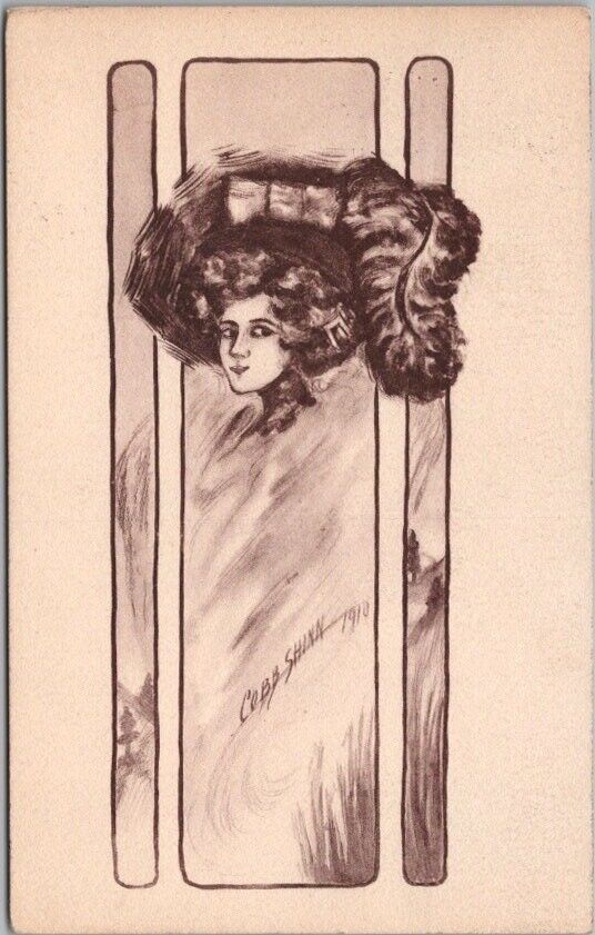 1911 Artist-Signed COBB SHINN Postcard Pretty Lady Large Feathery Hat Fashion