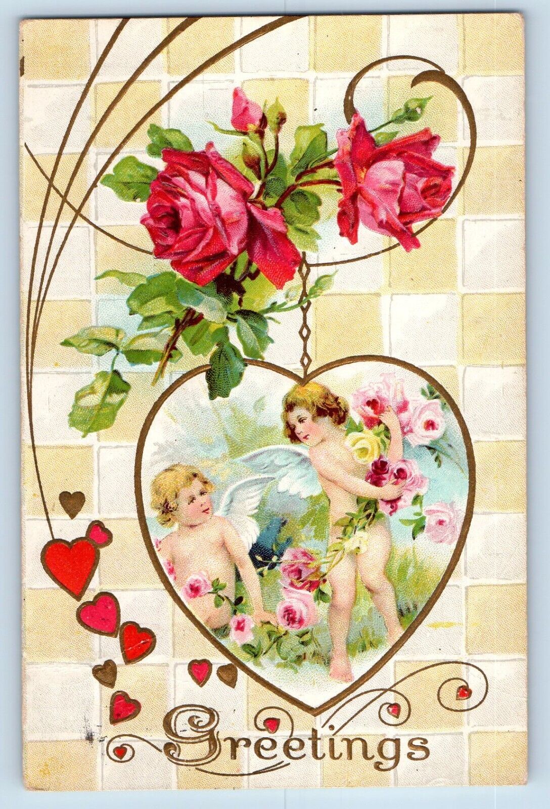 Valentine Postcard Greetings Angels Cherub Heart Flowers Embossed c1910\'s Posted