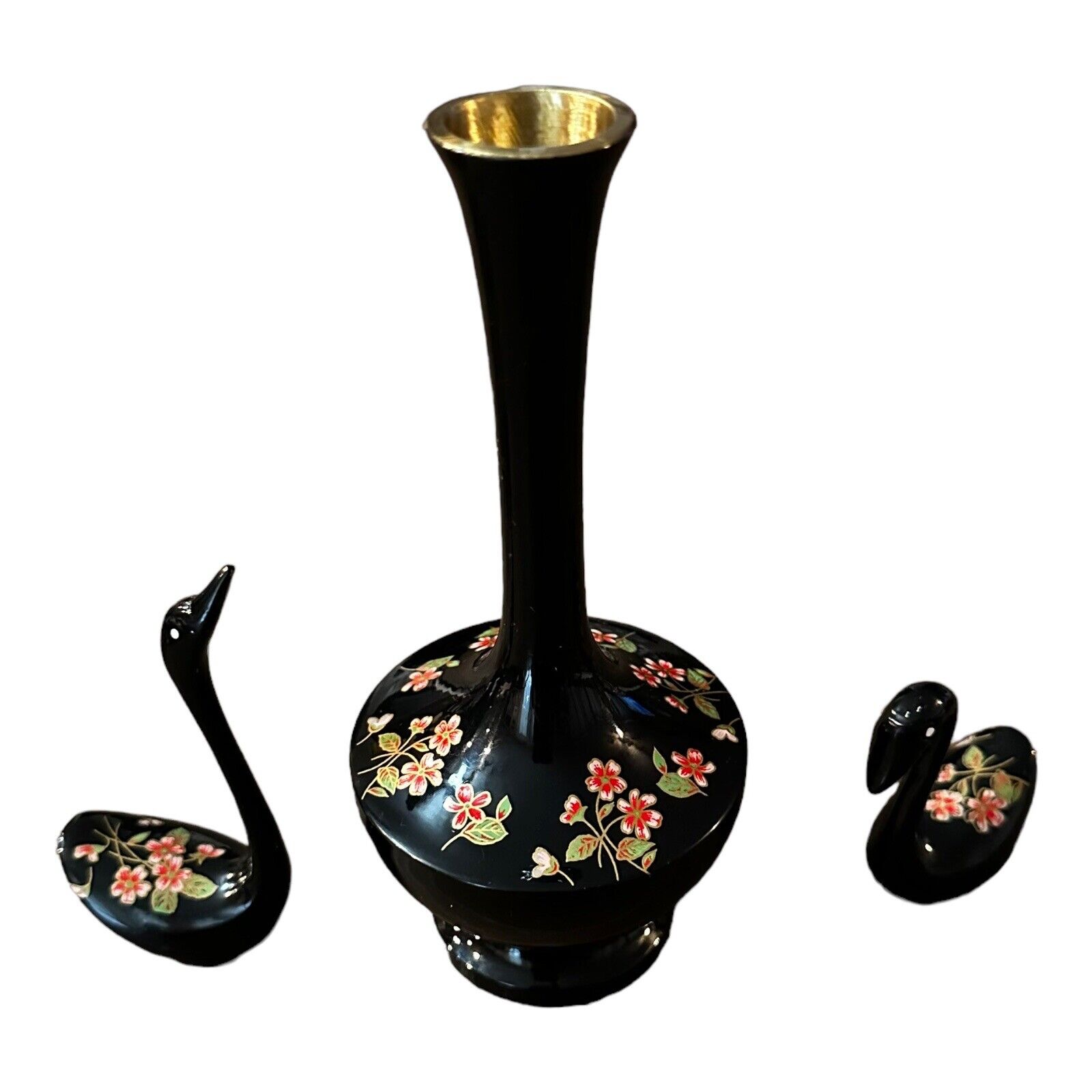 Brass Enamel Vase Pair Of Swans Flowers Floral Black 6.5