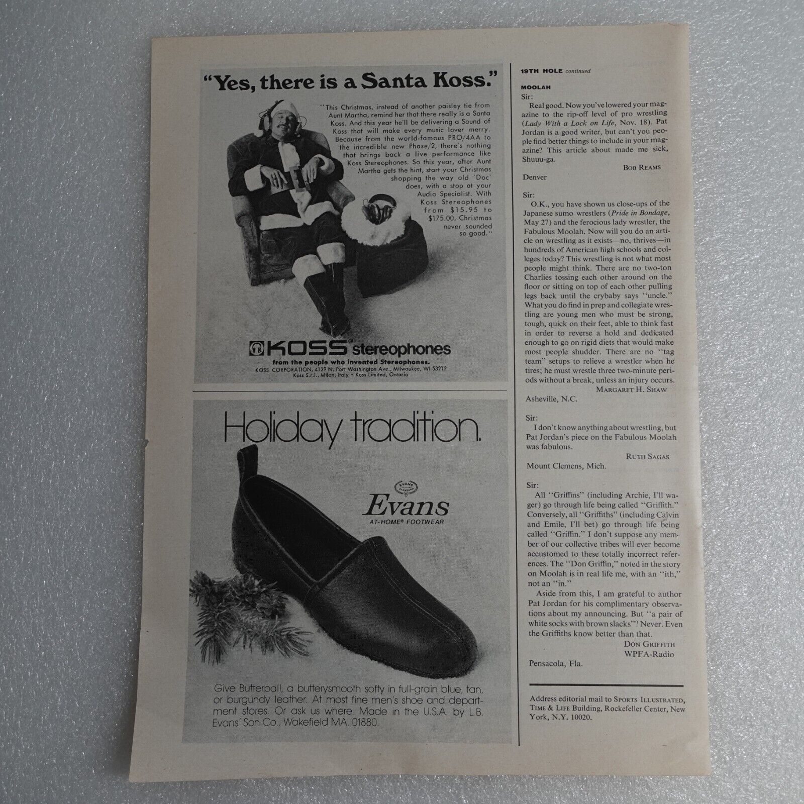 Vintage Print Ad Koss Stereophones Christmas Sports Illustrated Dec 16, 1974