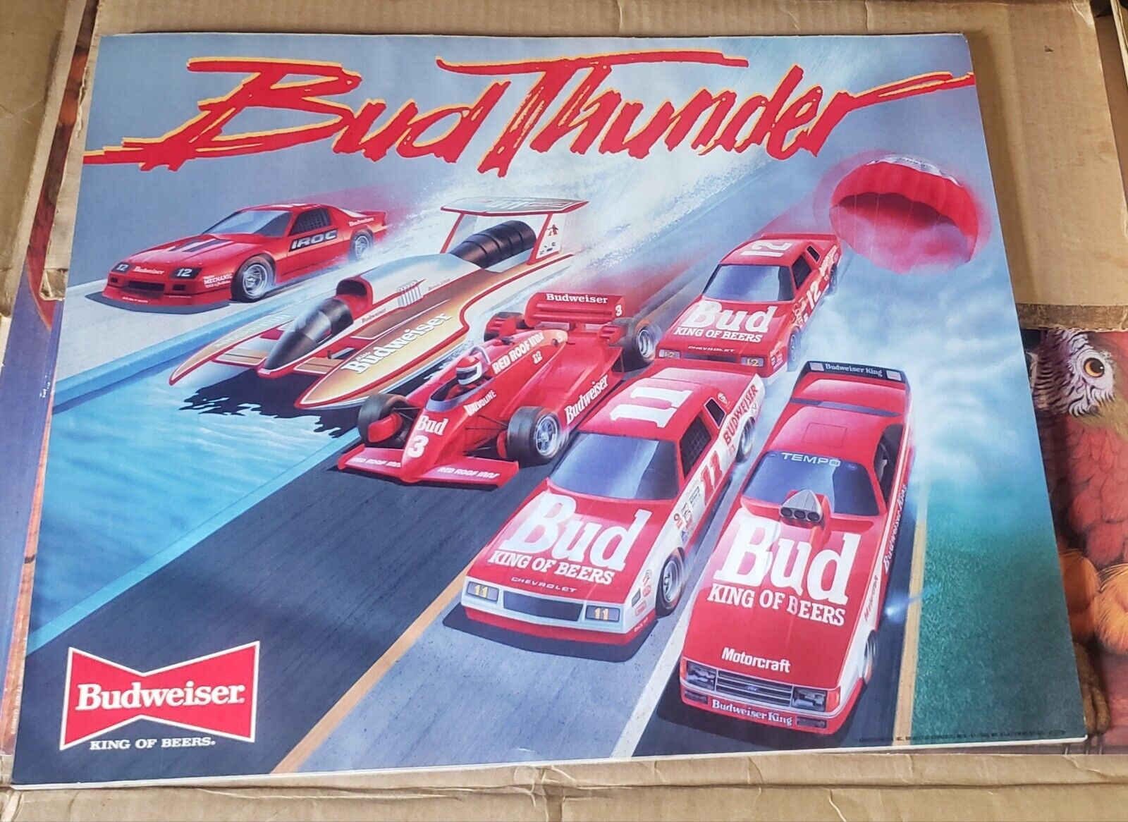 BUD THUNDER Budweiser racing NOS Vintage beer promo poster. Nascar Indy car Iroc