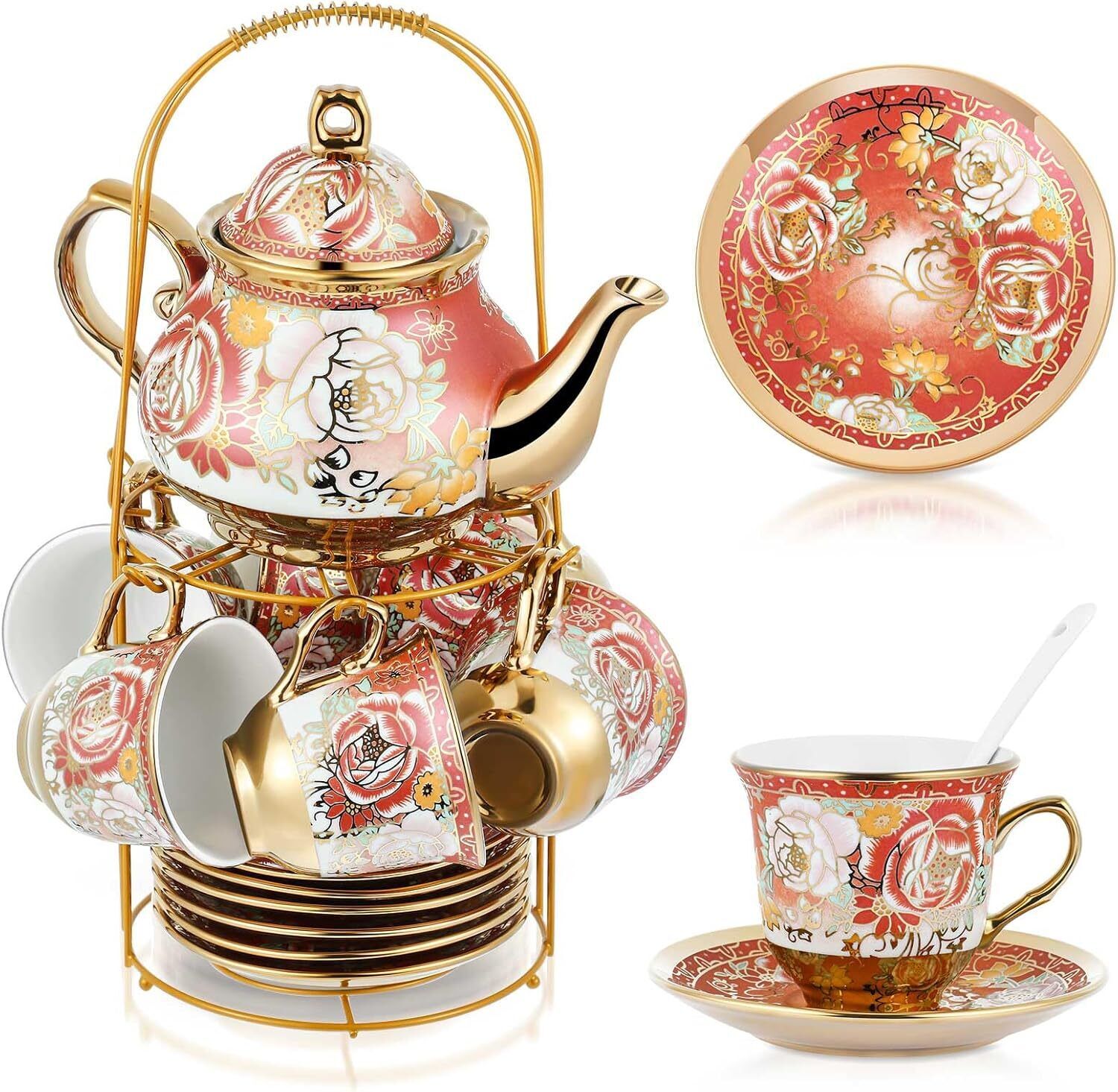 20 Pcs Porcelain Tea Set with Metal Holder Adult Ceramic Tea Party Set