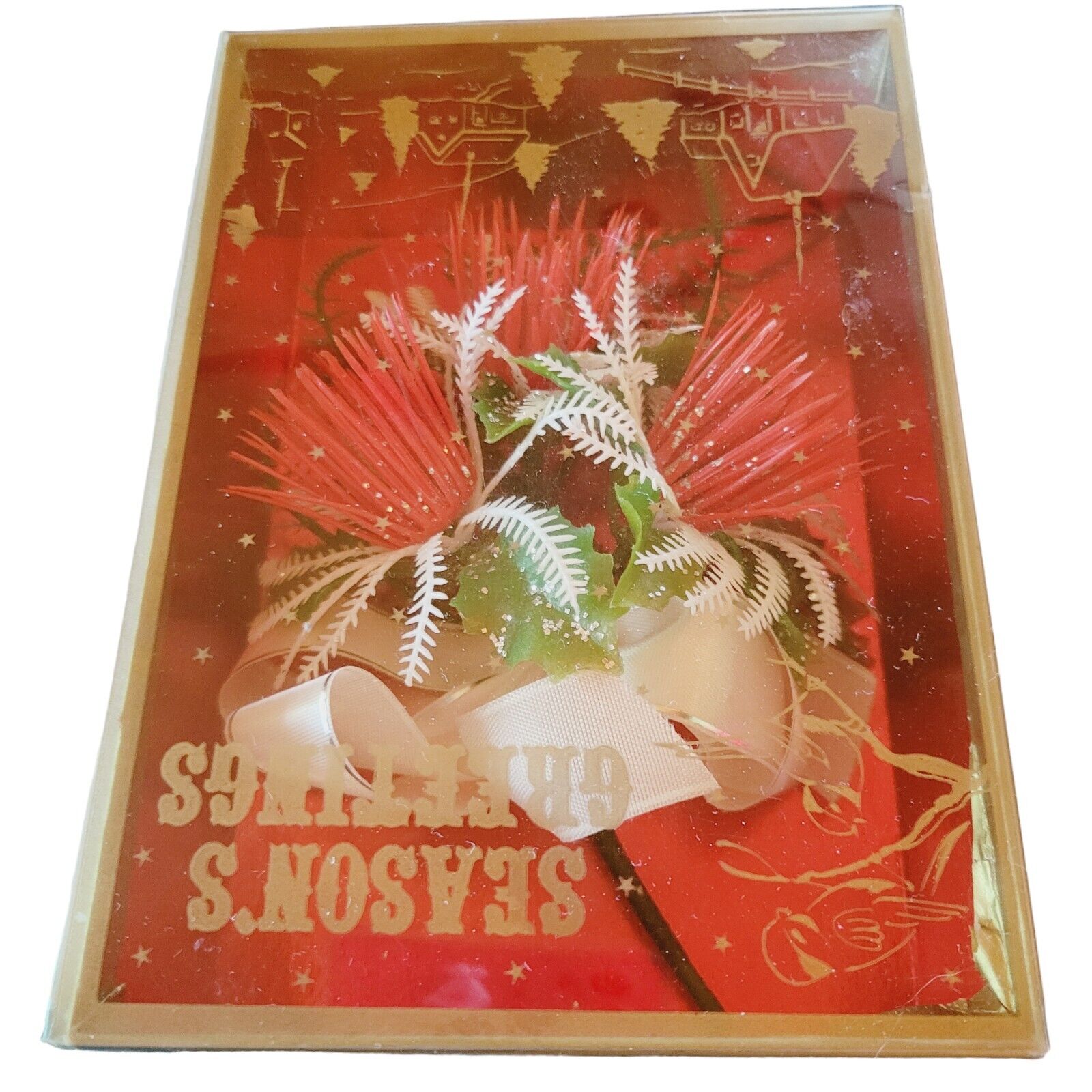 1960s Artifical Christmas Seasons Greetings Corsage in Original Box Plastic