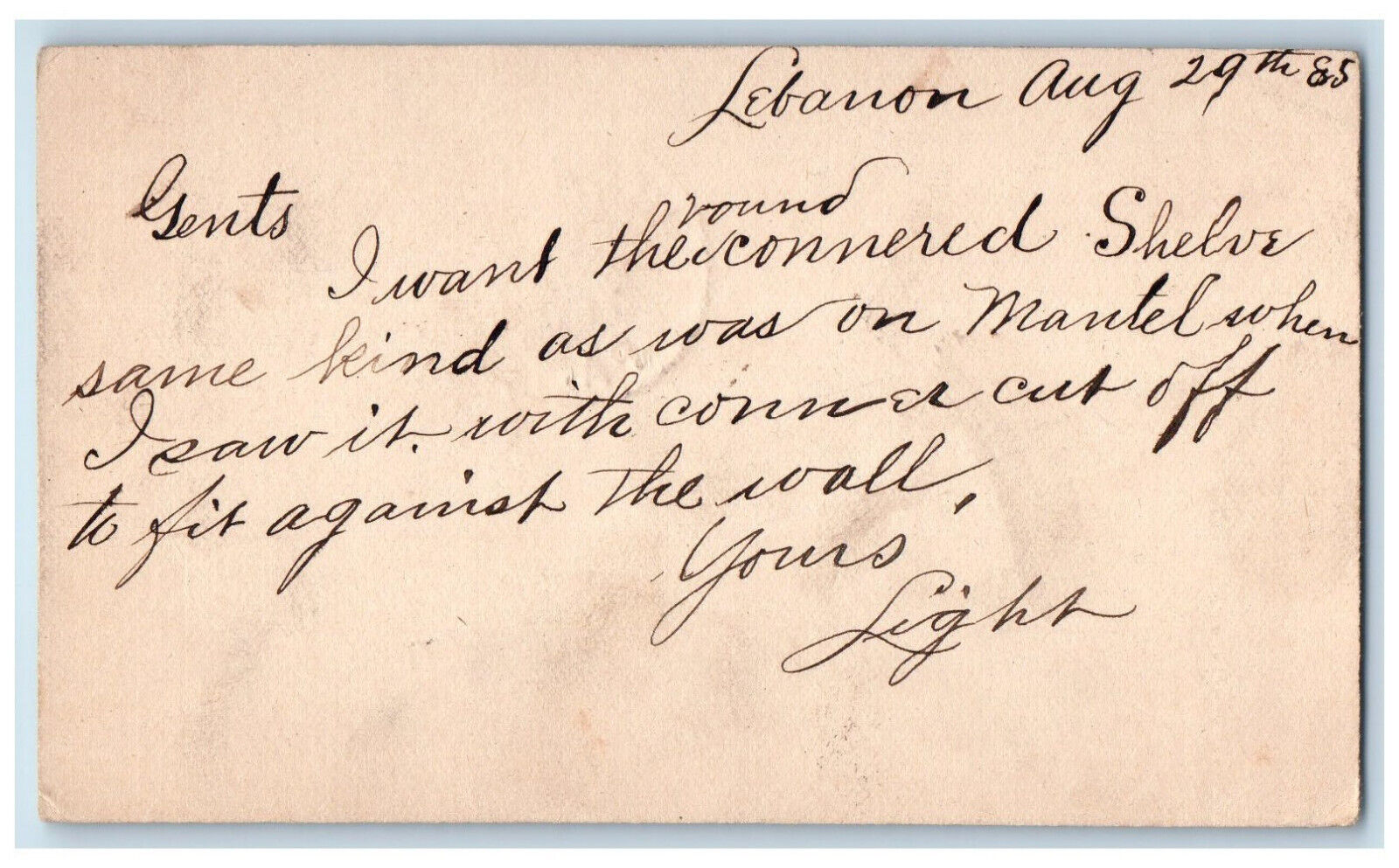 1885 Shelve Same Kind as Mantel Message Frank Janson Lebanon PA Postal Card