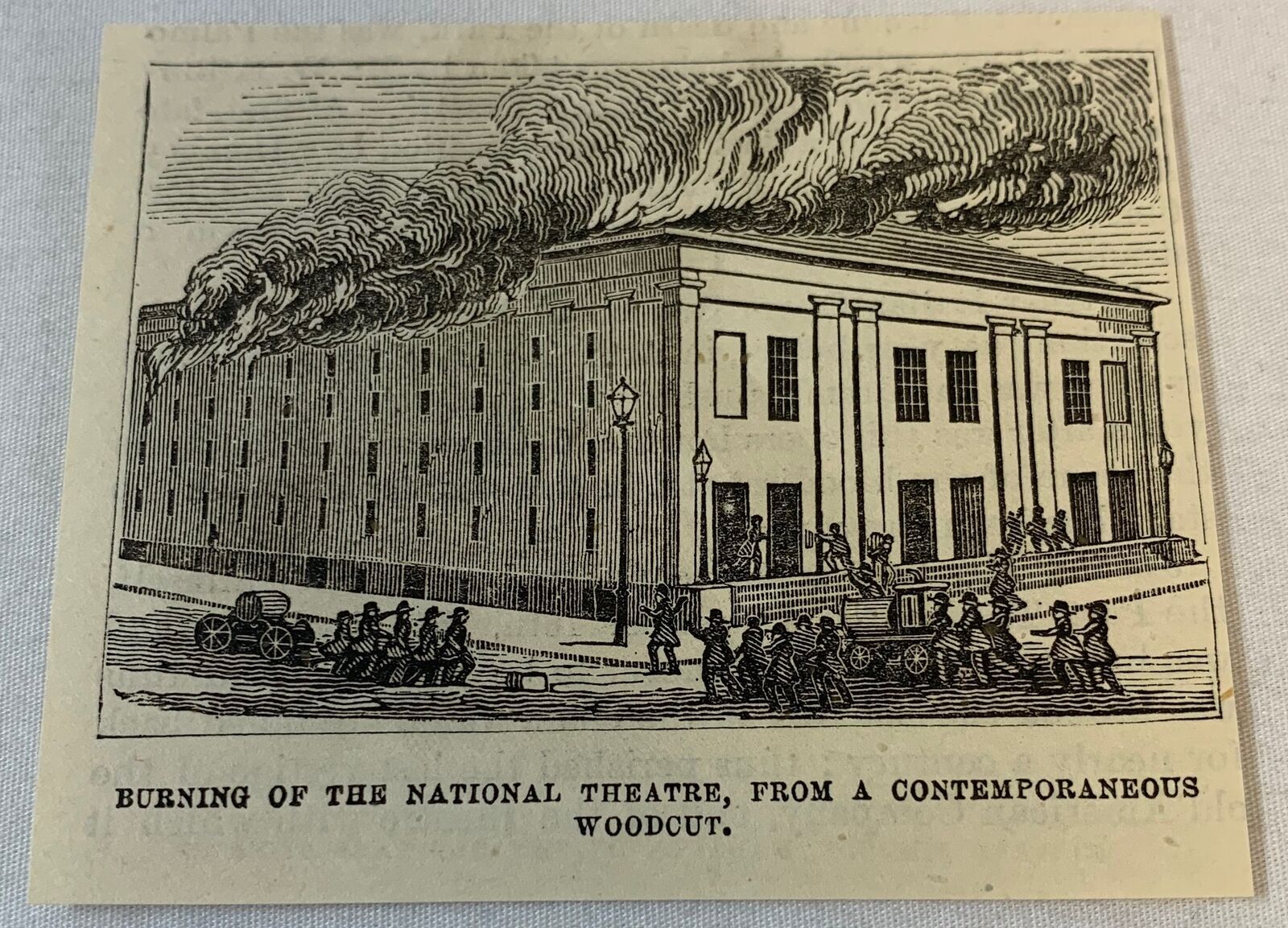1880 small magazine engraving ~ BURNING OF NATIONAL THEATRE, NYC