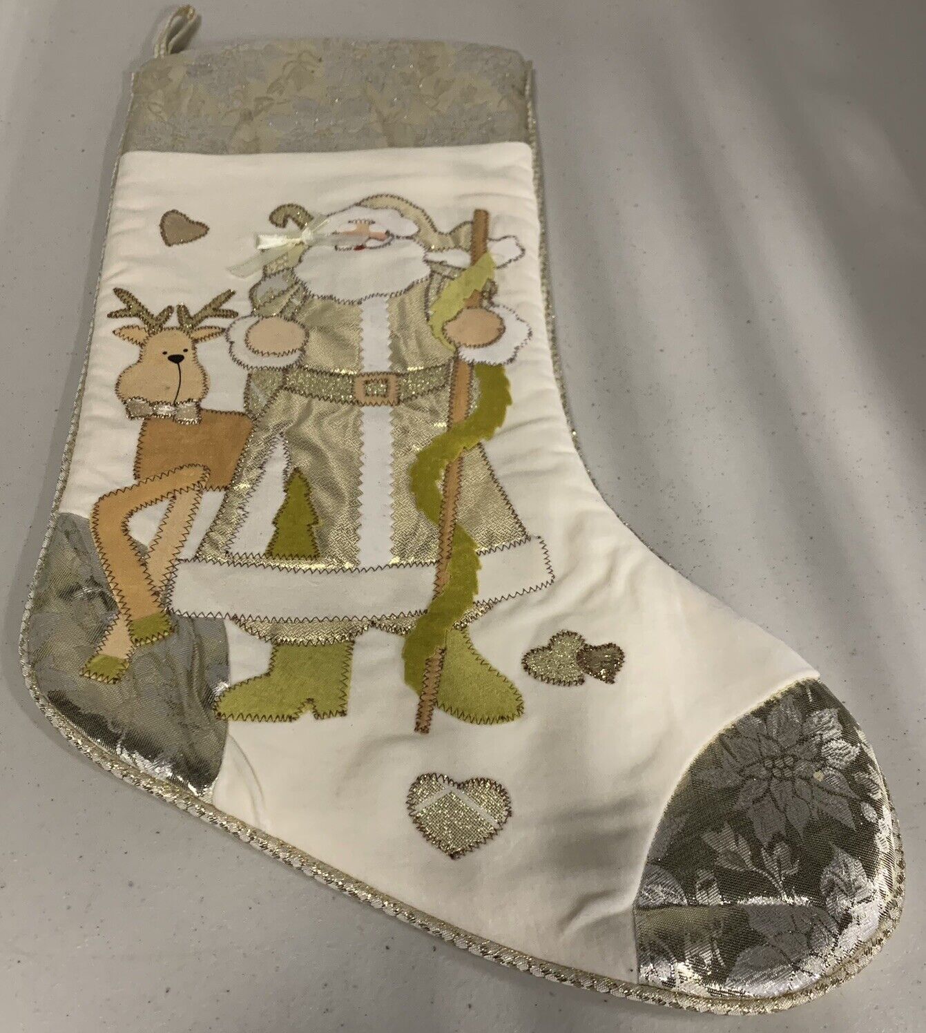 Christmas Stocking 14 Inches Santa Reindeer Tan Silver/gold Accents