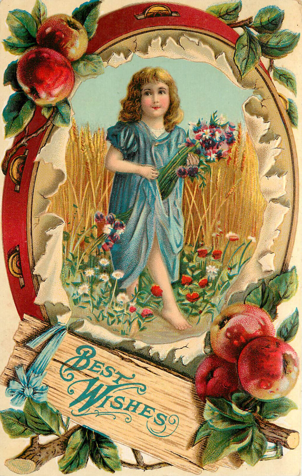 Embossed Best Wishes Postcard Girl w/ Flowers in Wheat Field Tambourine Vignette