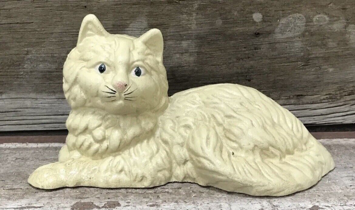 White Persian Cat with Red Neck Ribbon 9.5” Long Heavy Door Stop
