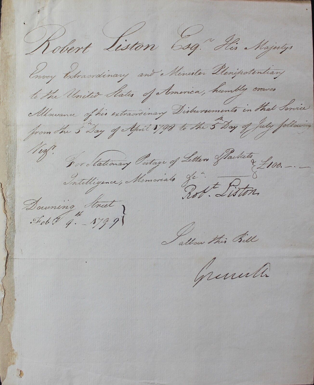 LISTON, SIR ROBERT 2nd British Minister to the United States 1796-1802 Autograph