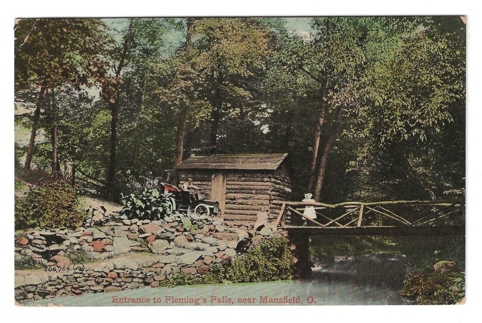 Vintage Flemings Falls, Mansfield, Ohio Log Cabin & Model T Postcard Posted 1909