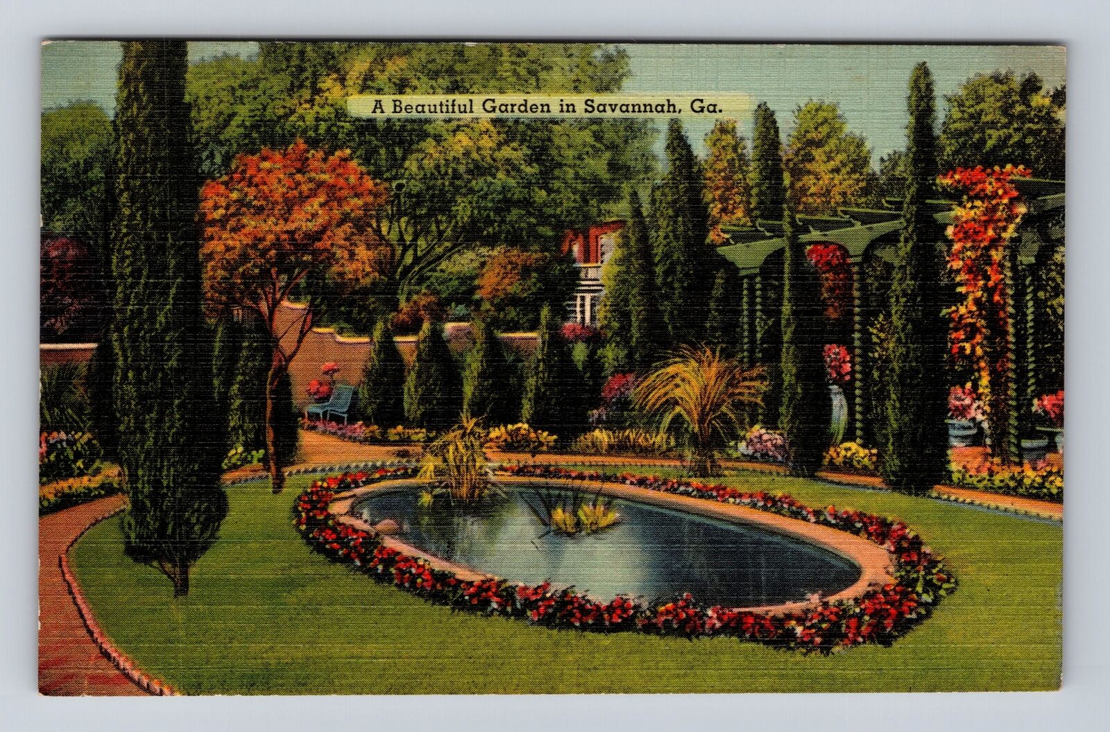 Savannah GA-Georgia, Beautiful Garden, Pond, Antique Vintage Souvenir Postcard