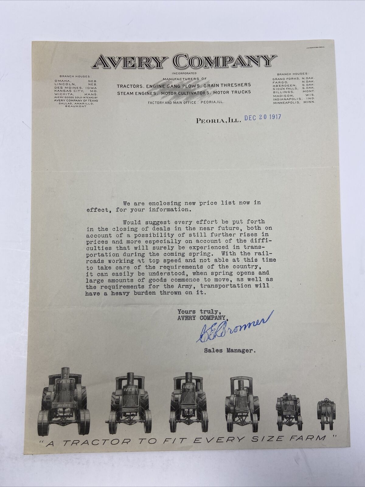 1917 Avery Company Tractors Peoria IL Letterhead Correspondence Farming Letter