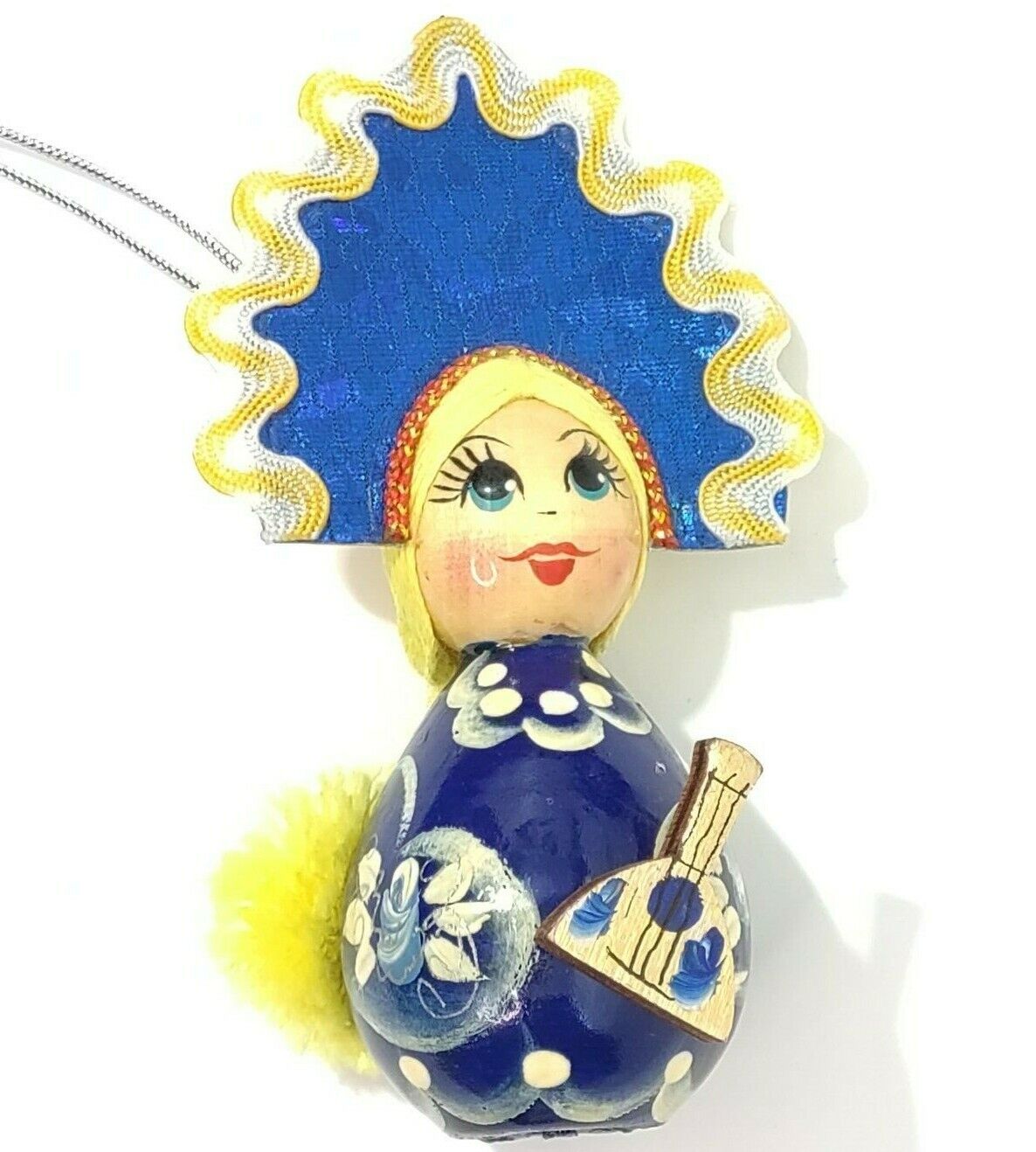 Blue Holographic Folk Kokoshnik Blonde Russian Balalaika Wood Hanging Ornament