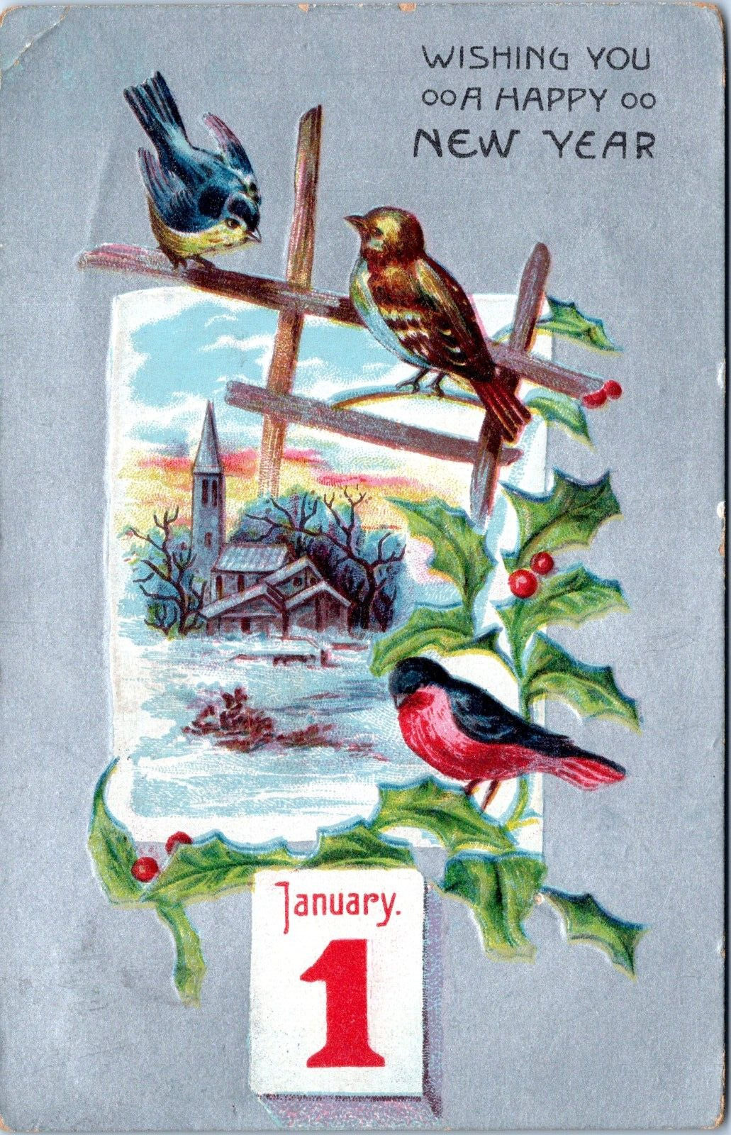 1908 New Years Day Greetings Embossed Postcard- Birds Church January 1