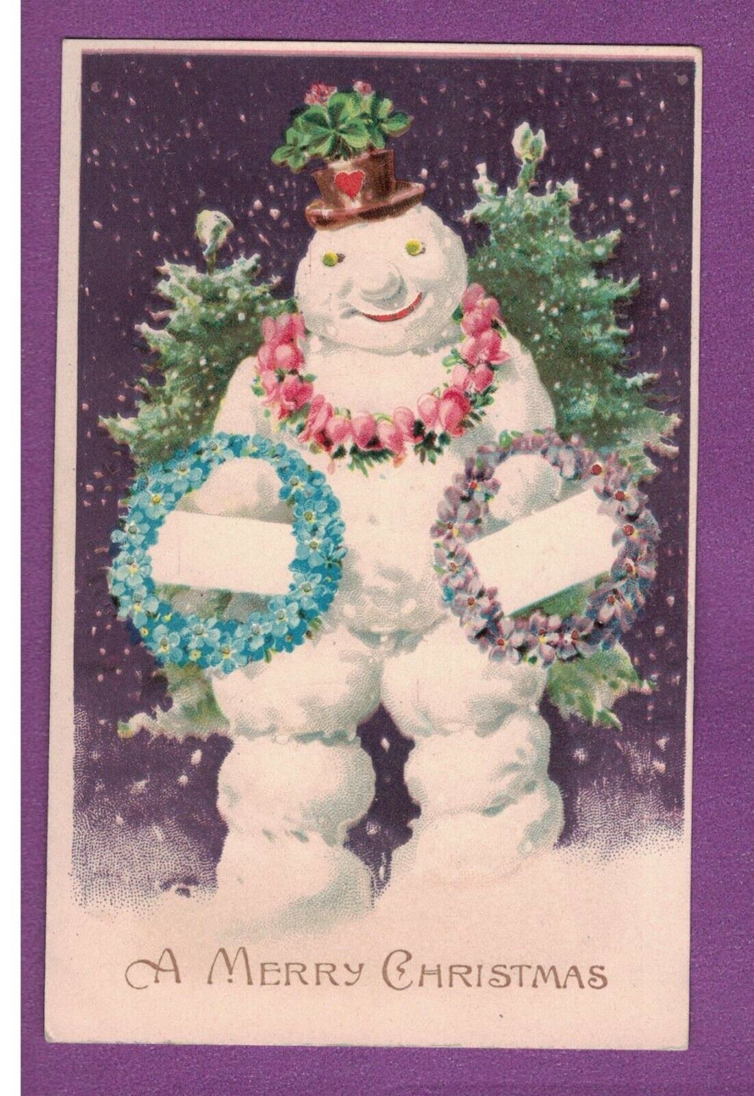 VTG HOLD TO LIGHT CHRISTMAS PC SNOWMAN WITH FLORAL WREATHS HTL 1906 RARE