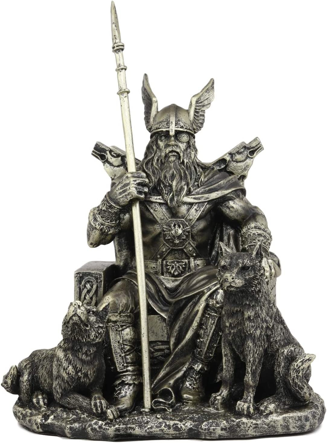 Norse Viking Mythology Odin the Alfather Sitting on a Throne with Two Wolf Dogs 