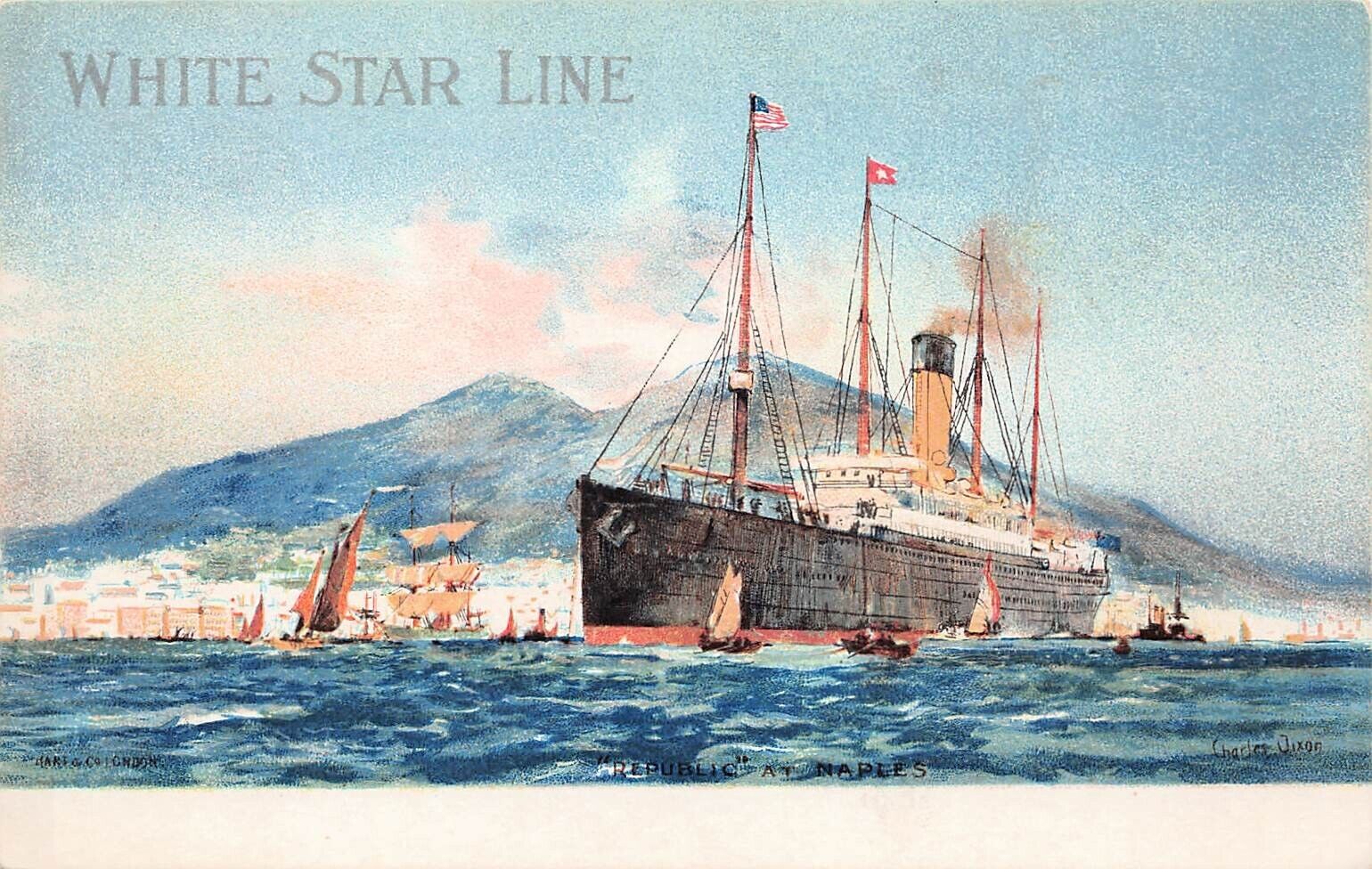 RMS Republic White Star Line Ship Naples Harbor Charles Dixon Vtg Postcard D12