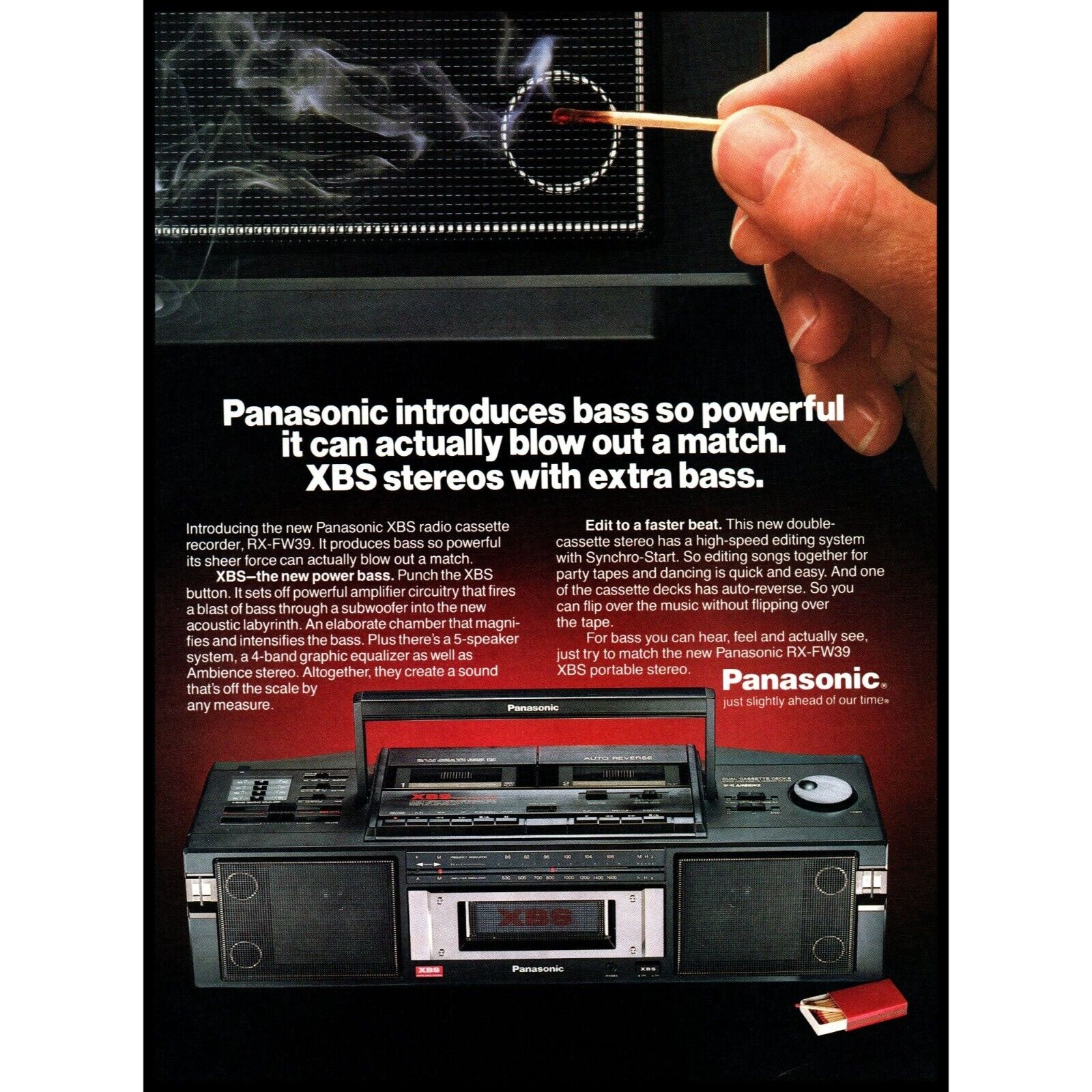 1988 Panasonic XBS Boombox Stereo RX-FW39 Vintage Print Ad Ghetto Blaster Art