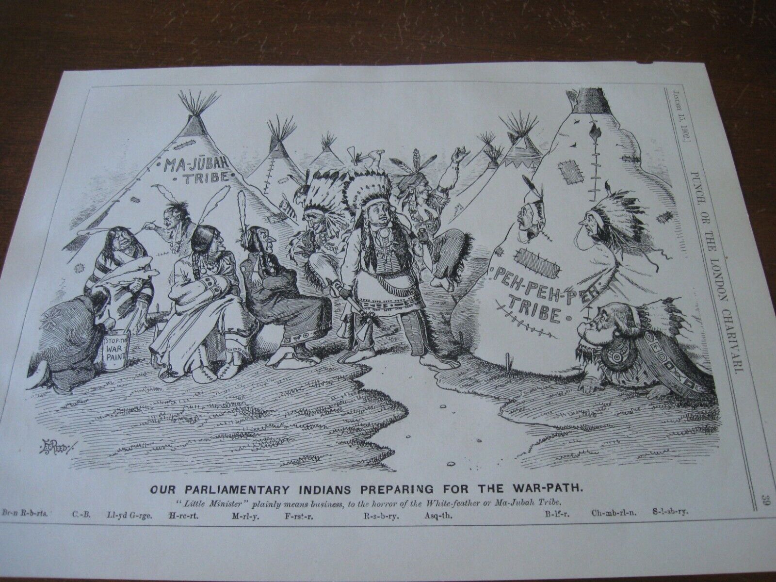 1902 Original POLITICAL CARTOON - PARLIAMENT as Native American INDIANS Warpath