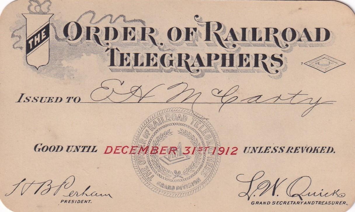 1912 Order of Railroad Telegraphers - membership card/pass